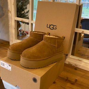 NEW UGG CLASSIC ULTRA MINI PLATFORM CHESTNUT FUR SUEDE WOMEN'S BOOTS size 7